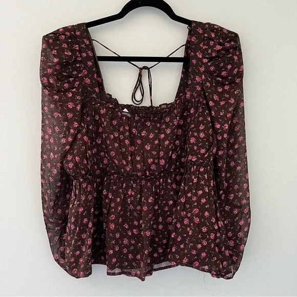 Astr the Label Floral Smocked Top-XL, Puff Sleeve Boho Chic Blouse - Picture 3 of 9